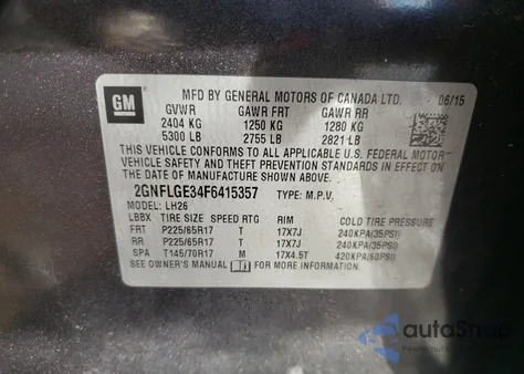 2015 Chevrolet Equinox Lt из США, поврежденный, VIN 2GNFLGE34F6415357